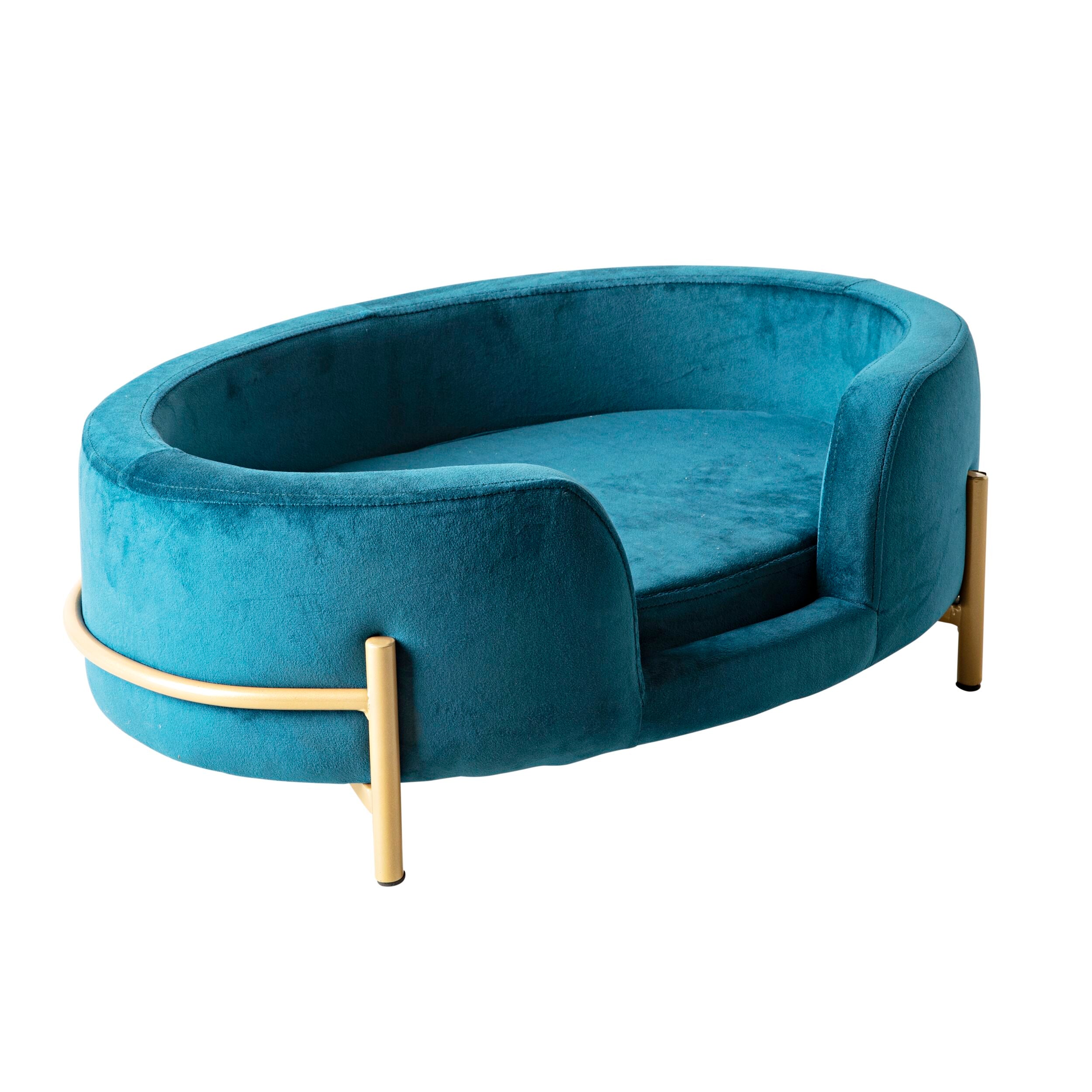 Oval Velvet Pet Bed Teal Blue 64x63x24cm