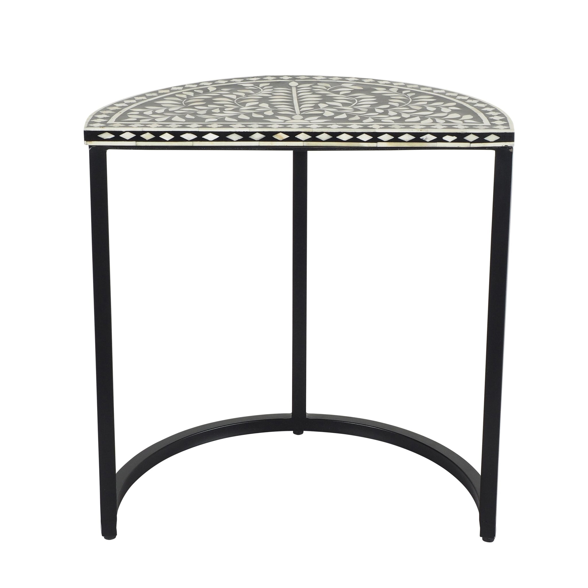Bone Inlay Half Moon Side Table Black with Black Frame 44cm