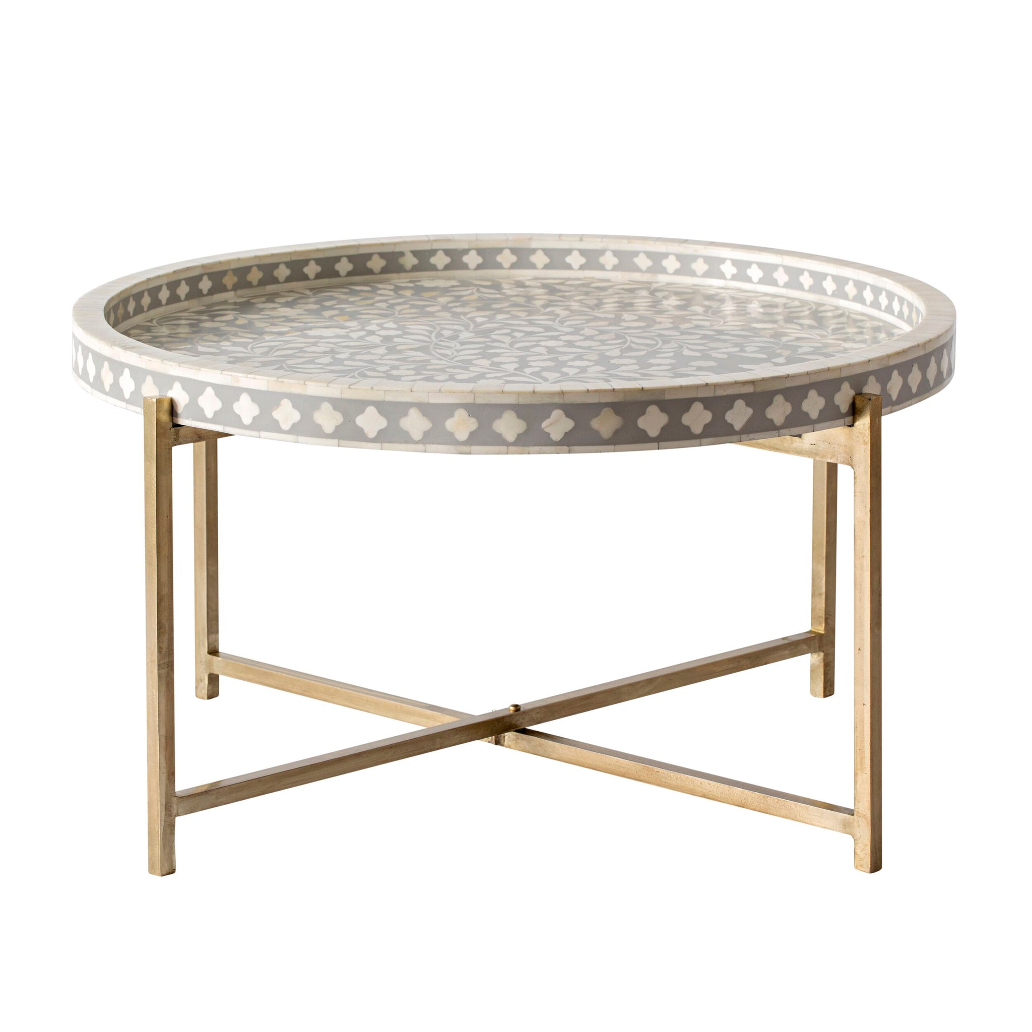 Bone Inlay Round Coffee Table Grey with Gold Frame 75cm