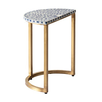 Bone Inlay Half Moon Side Table Blue with Gold Frame 44cm