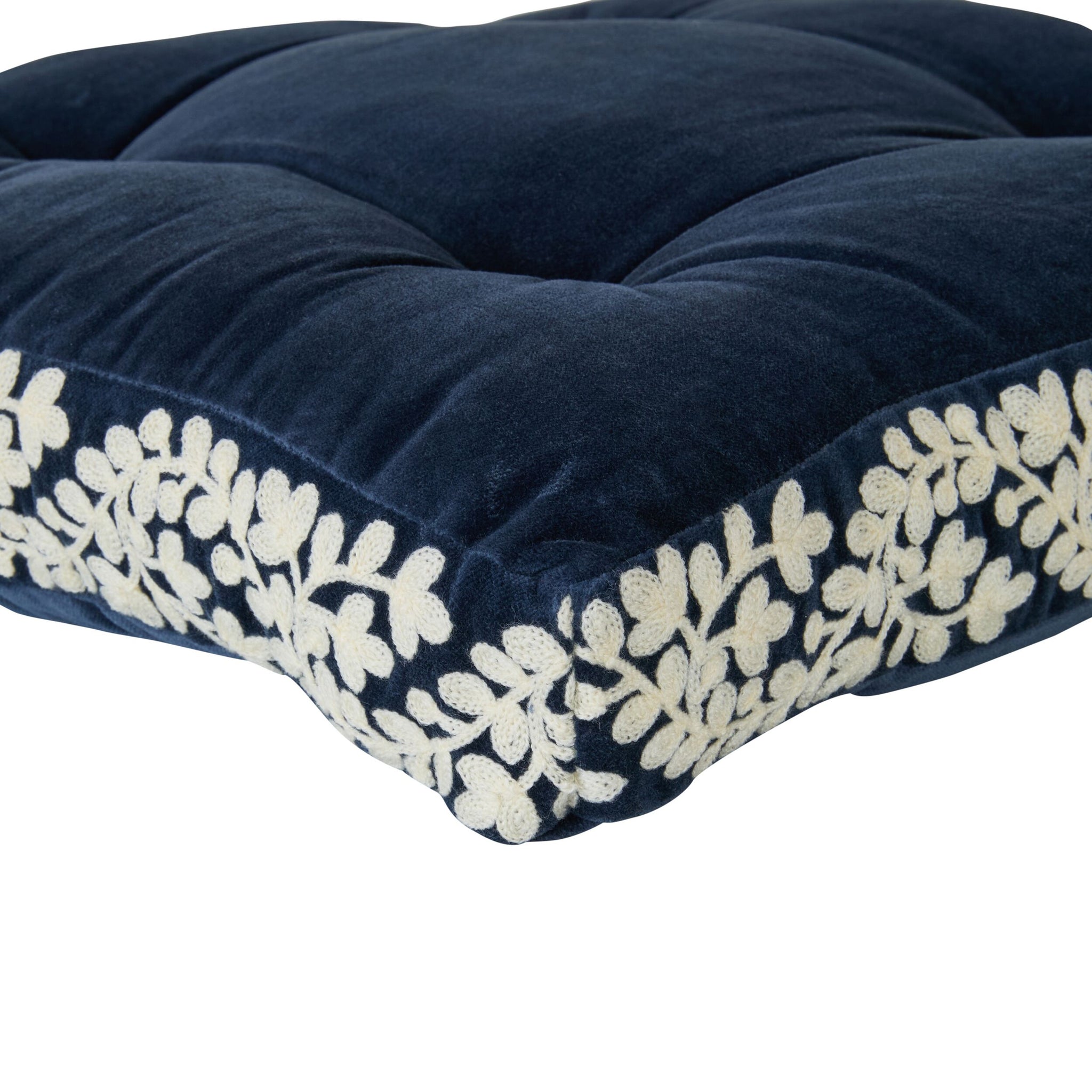 Sabine Embroidered Cotton Velvet Seat Cushion Navy