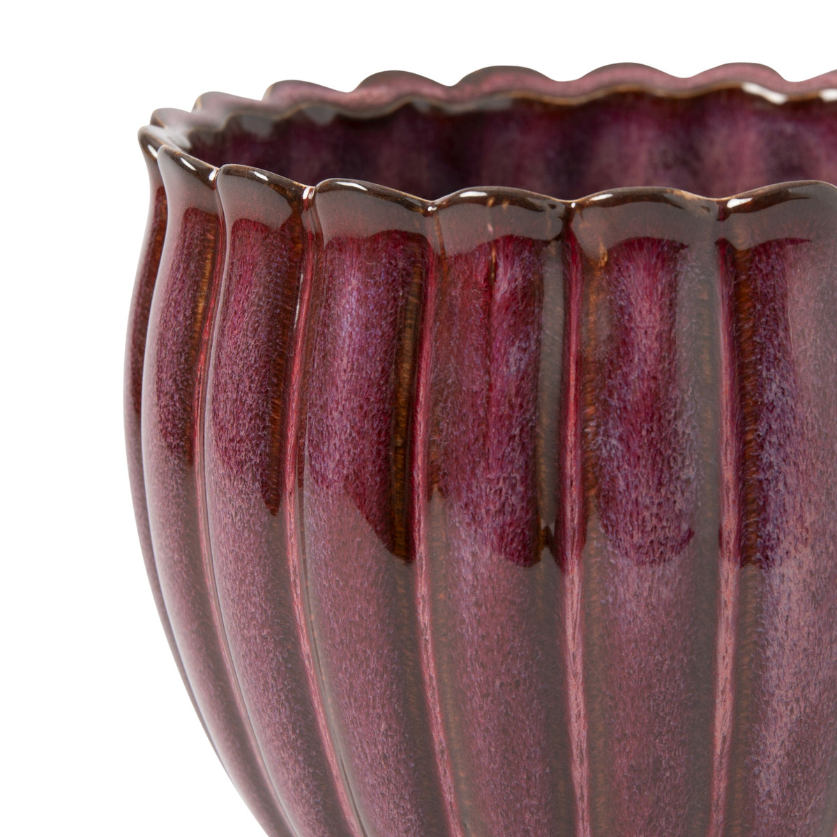Valencia Scalloped and Ribbed Ceramic Plant Pot Medium Wine