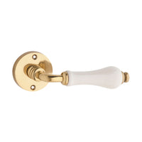 0827 Door Lever Exeter Round Rose Pair Porcelain Polished Brass D50xP66mm