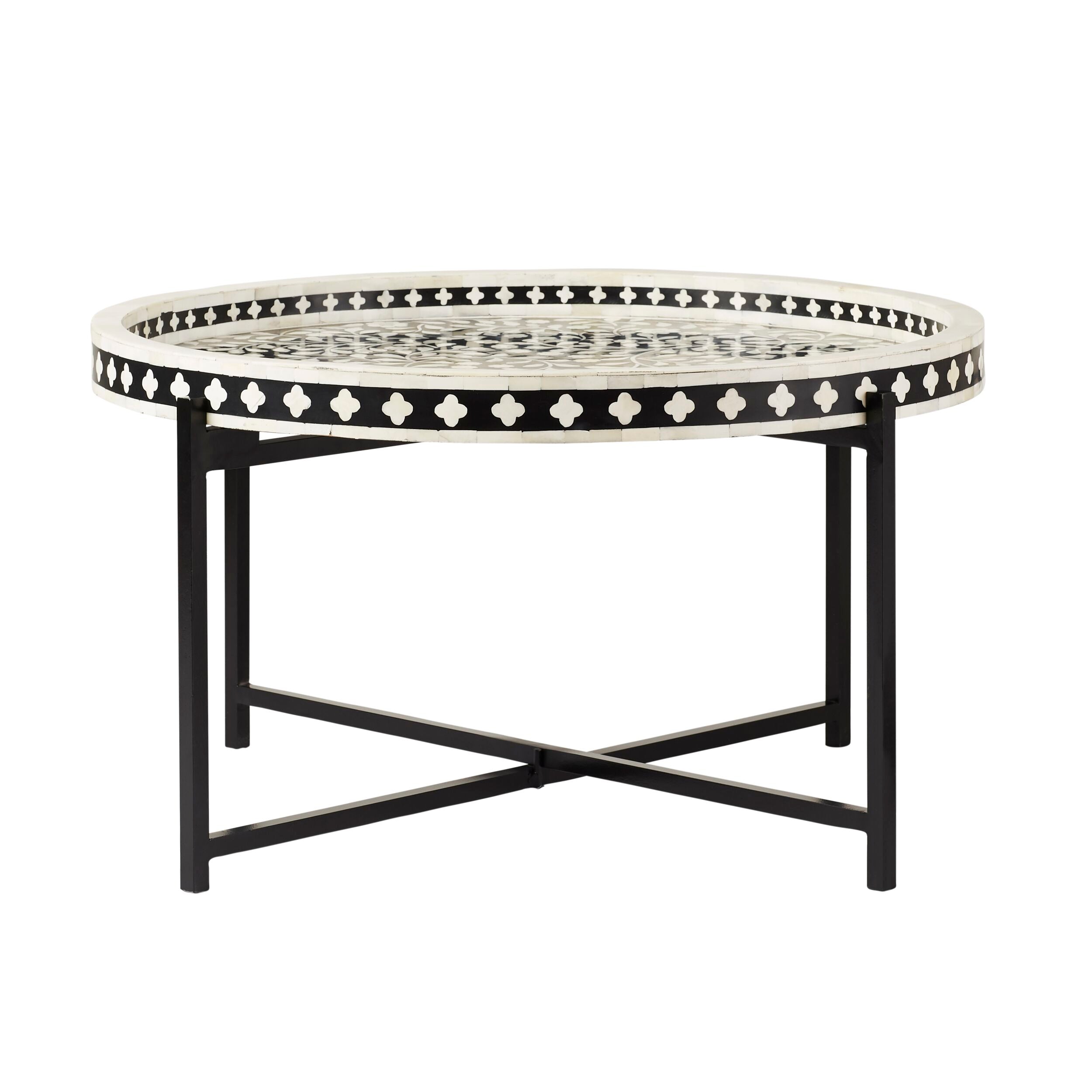 Bone Inlay Round Coffee Table Black with Black Frame 41cm