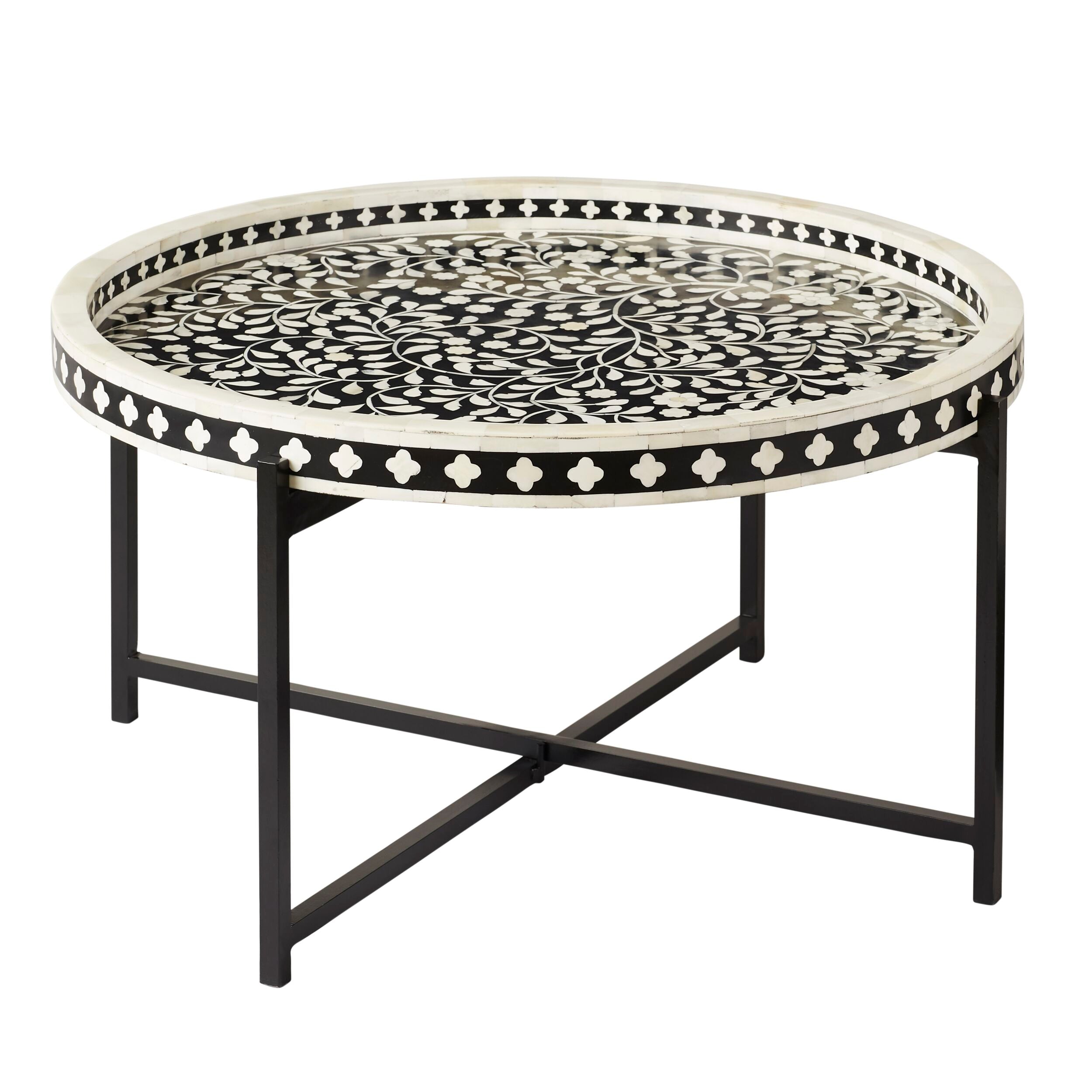 Bone Inlay Round Coffee Table Black with Black Frame 41cm