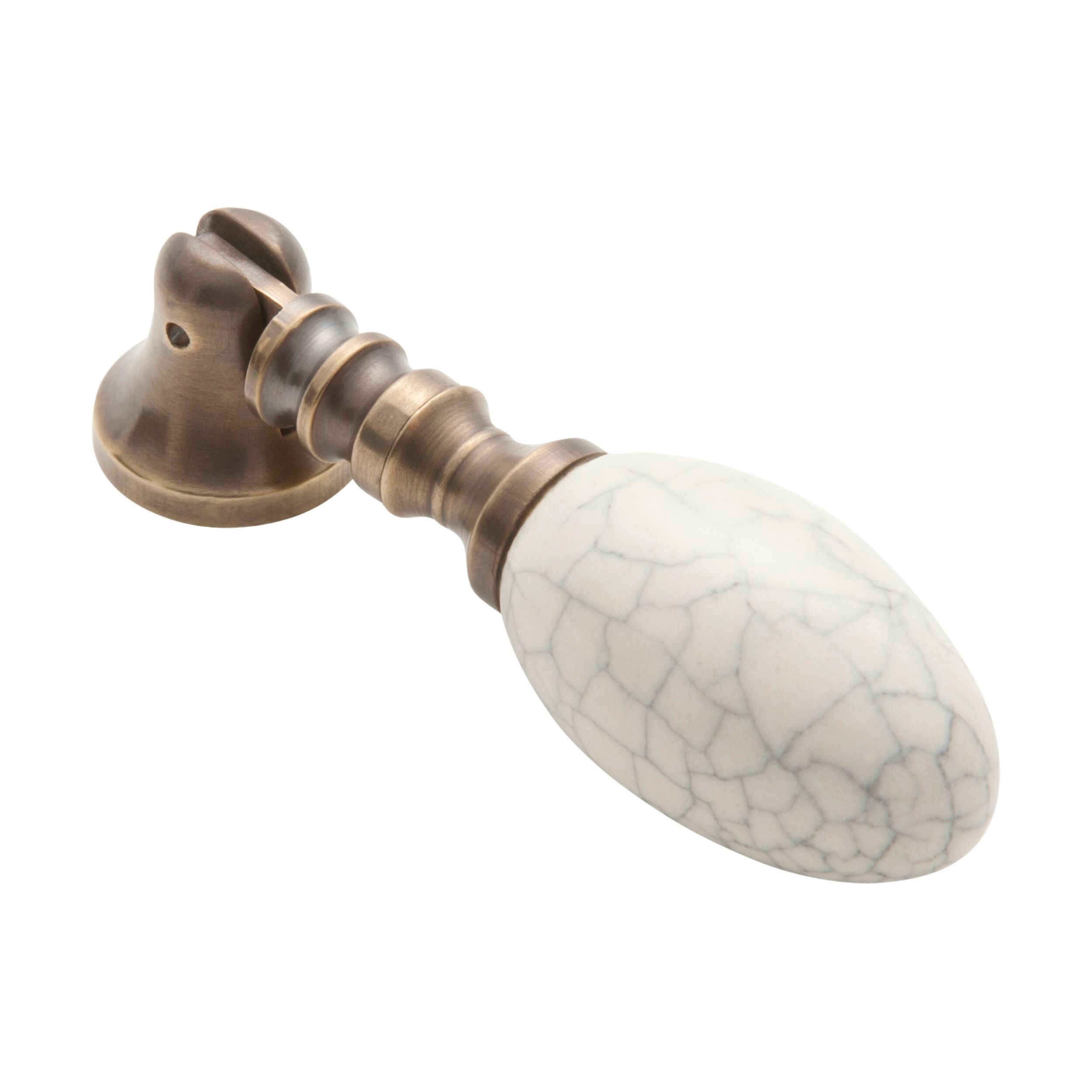 3040 Cabinet Pull Handle Crazed Ivory Porcelain Teardrop Antique Brass BP18mm Drop 65mm