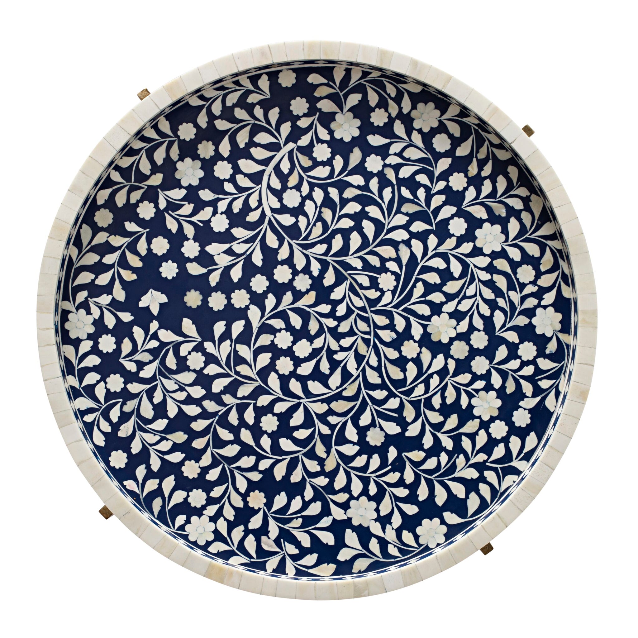 Bone Inlay Round Coffee Table Blue with Gold Frame 75cm